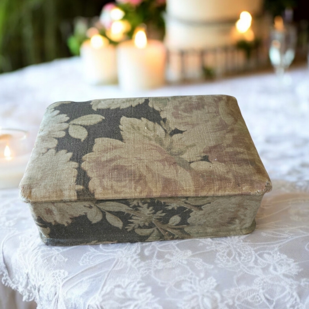 Shabby Fabric Covered Desk Box, Dark Floral with Patina, Vintage 80s